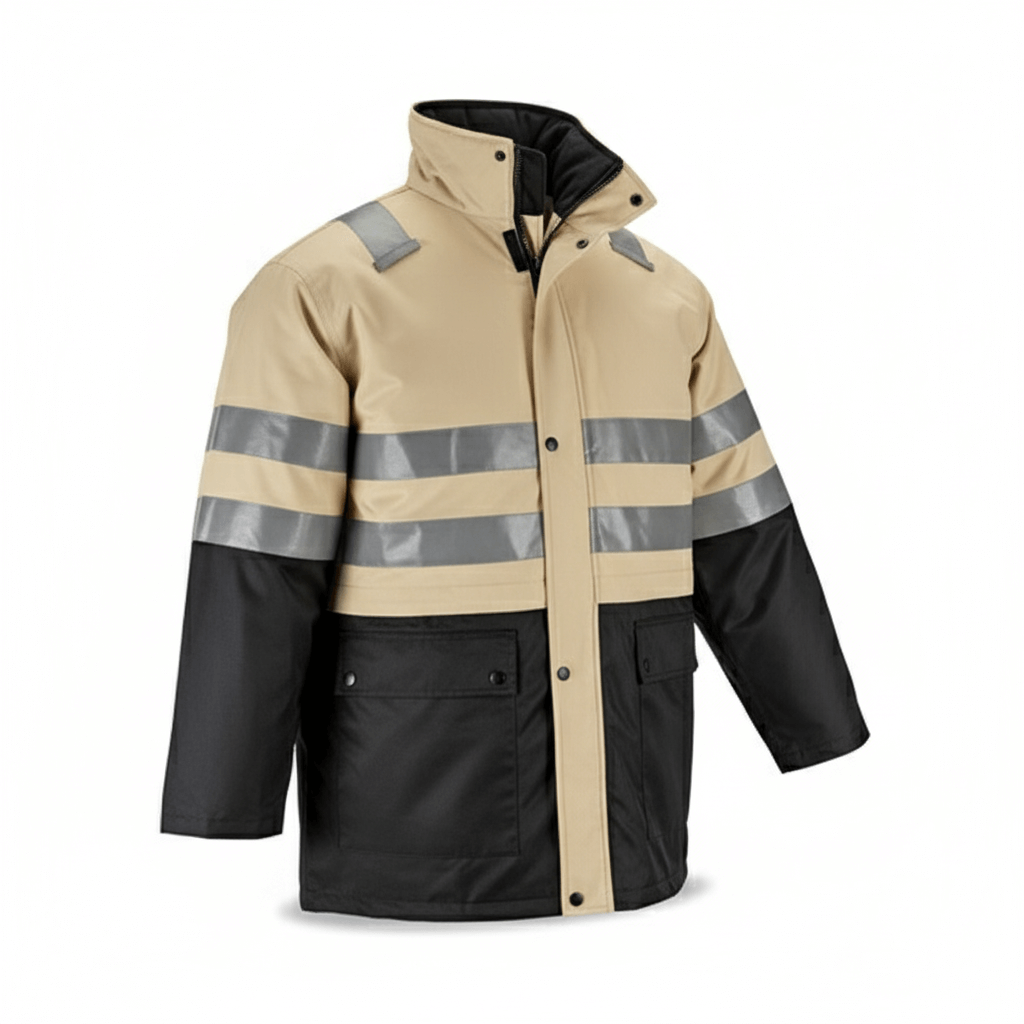 Casacas de trabajo industrial de dos colores con cintas reflectivas y forro